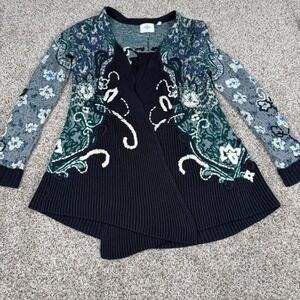 Anthropologie HWR Open Front Cardigan Floral Mixed Print Wool Blend Navy XS